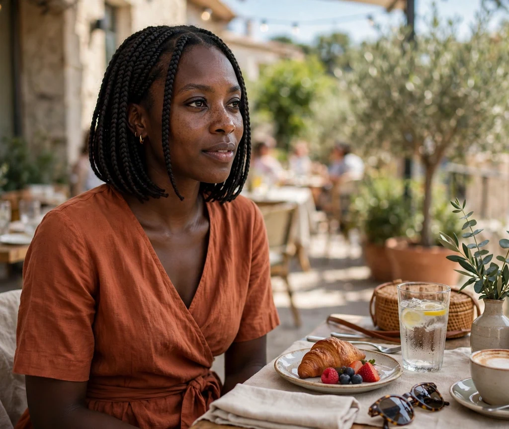 Beautiful Black woman with a chin-length braided bob hairstyle enjoying an outdoor brunch at a cafe terrace