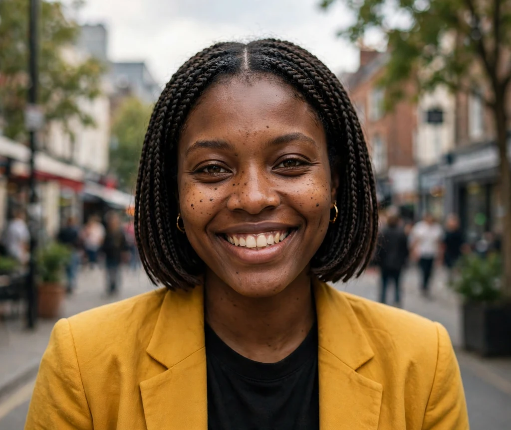 Black woman with classic chin-length box braid bob, middle part, smiling on a city street
