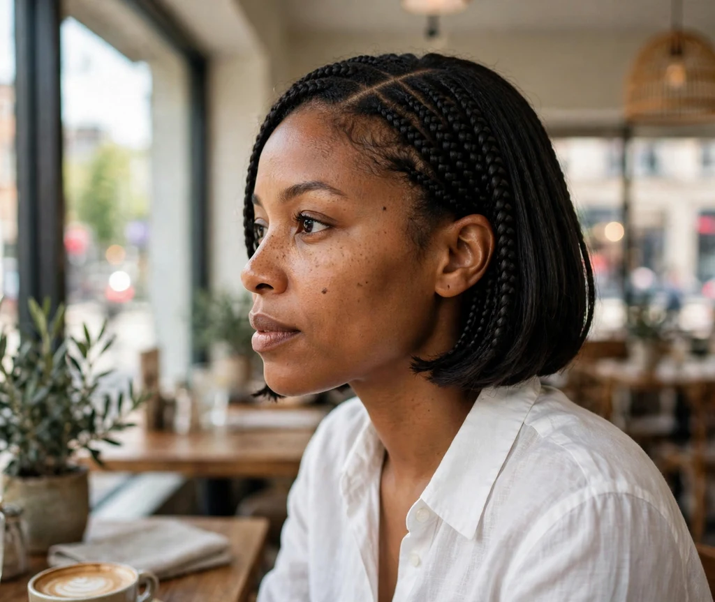 Black woman with knotless bob braids and a clean middle part in a bright cafe