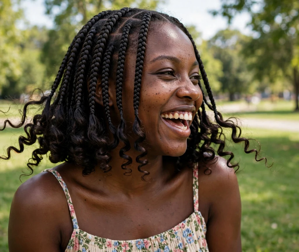 Black woman with bob braids ending in bouncy curls, laughing in a park