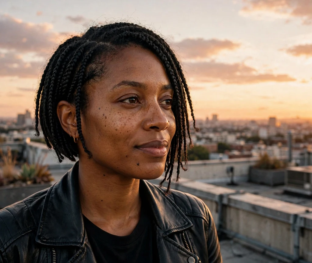 Black woman with an asymmetrical braided bob, one side longer, on a rooftop at sunset