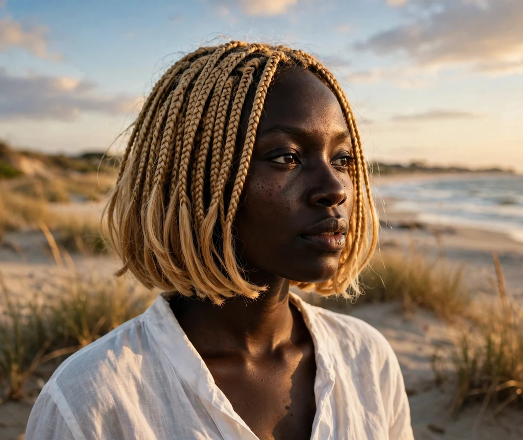 Black woman with honey blonde bob braids glowing in golden hour light at the beach