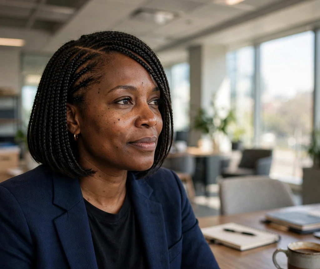 Black woman with side-part bob braids, hair swept across, in a modern office