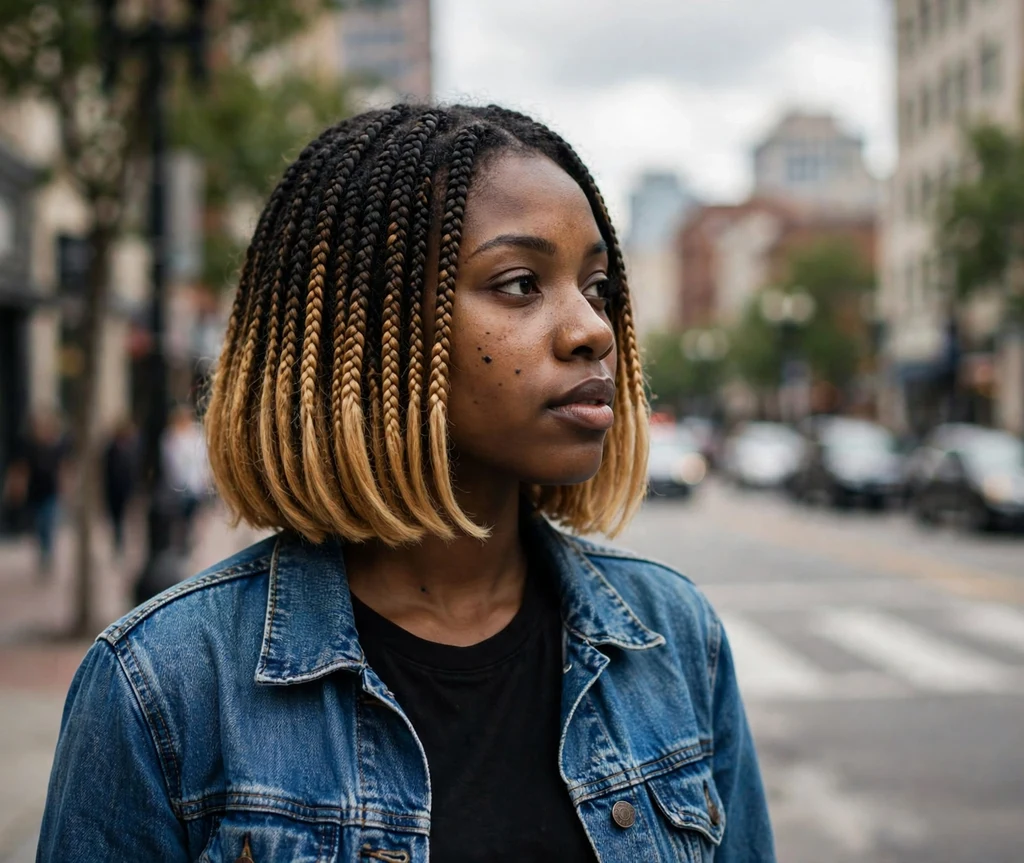 Black woman with ombre bob braids fading from black to honey blonde, walking downtown