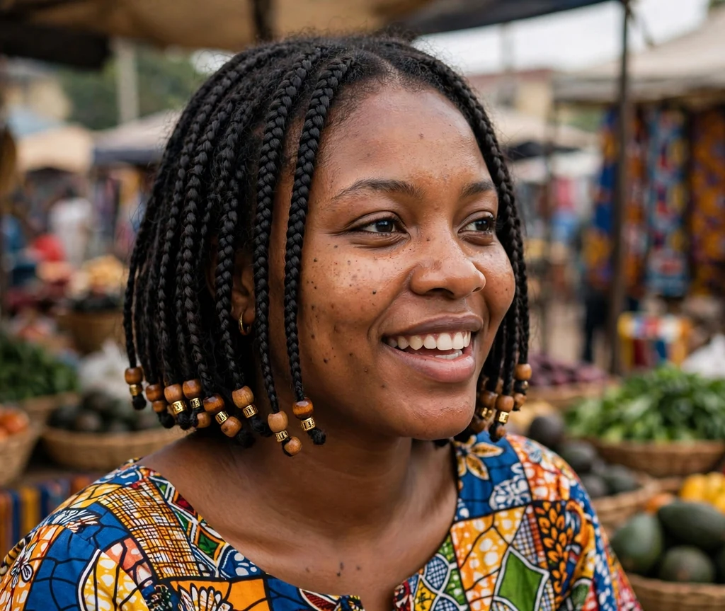 Black woman with bob braids decorated with gold and wooden beads at a street market