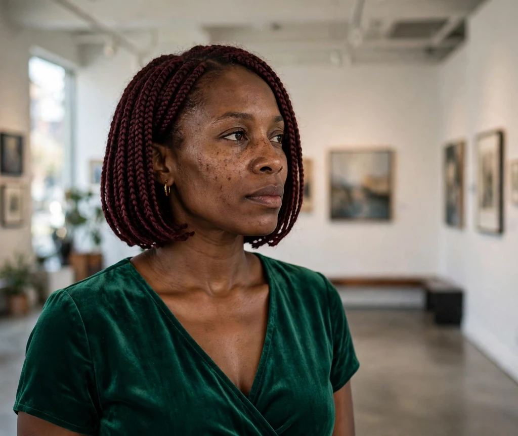 Black woman with rich burgundy bob braids in an art gallery