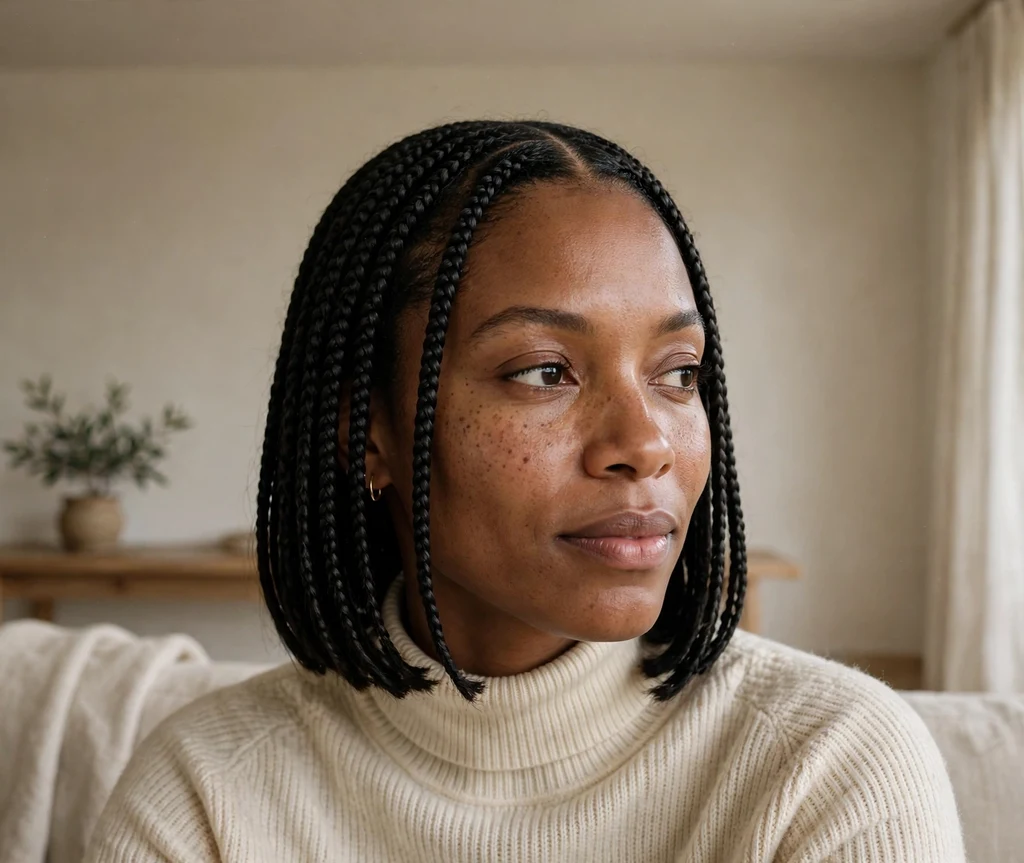 Black woman with sleek center-part bob braids in a minimalist home interior
