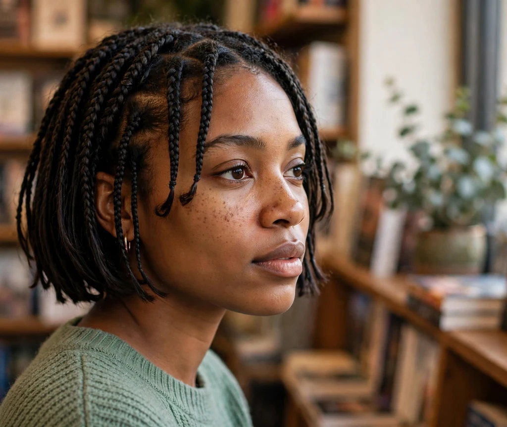 Black woman with layered bob braids showing face-framing layers in a bookstore