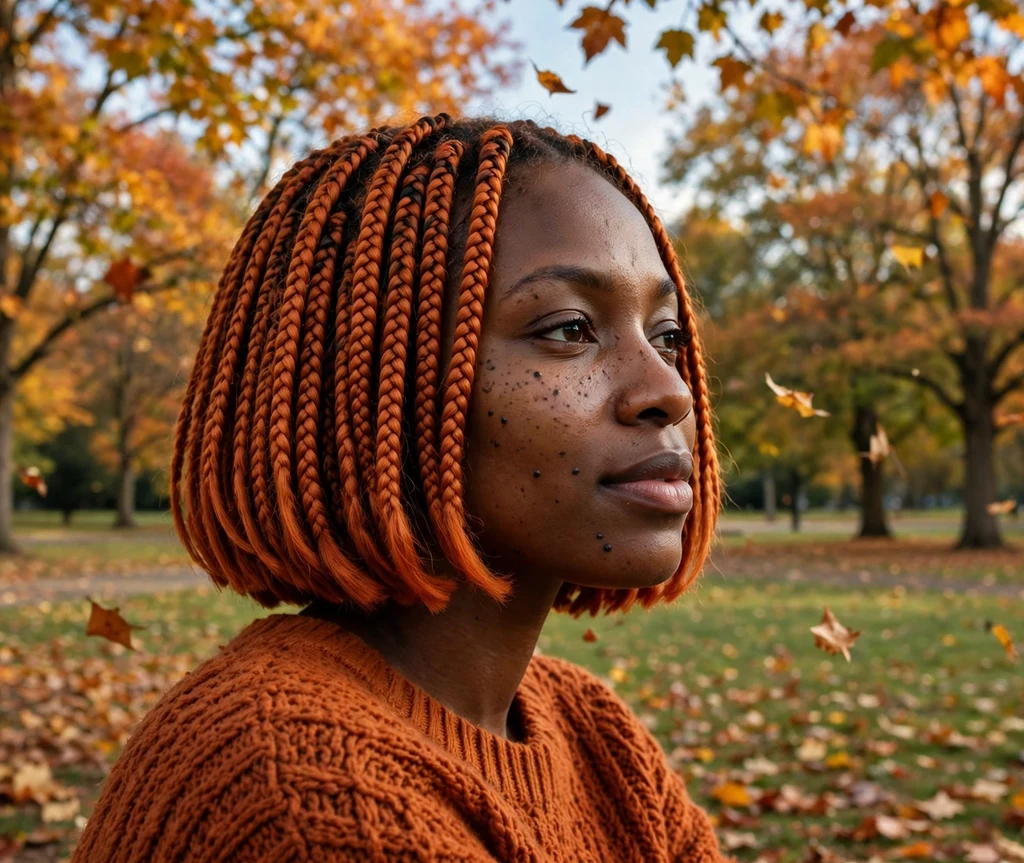 Black woman with fiery copper bob braids in autumn park with falling leaves