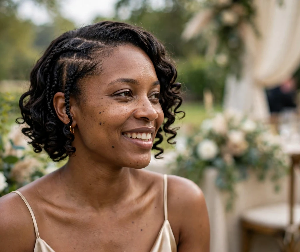 Black woman with French curl bob braids, soft spiral curls, at a wedding venue