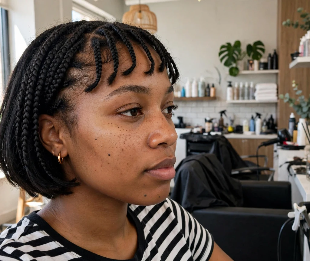 Black woman with bob braids and a braided fringe across her forehead in a salon