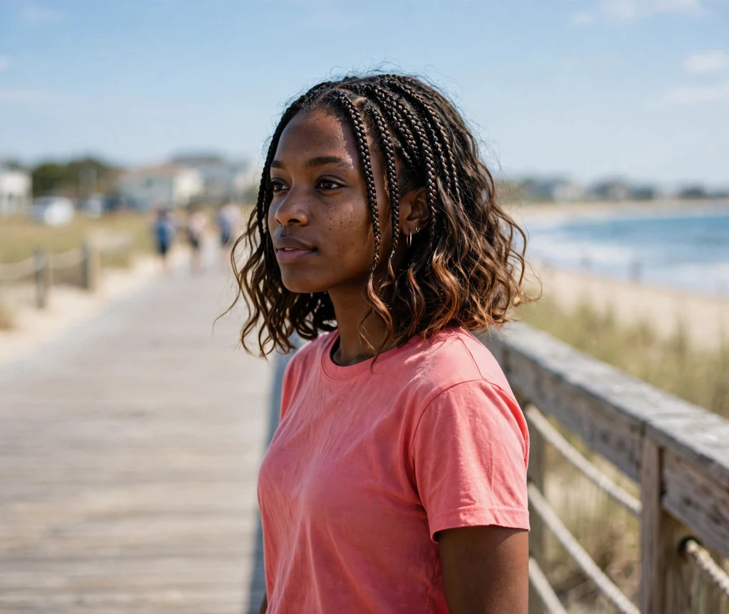 Black woman with wavy-end bob braids walking along a boardwalk