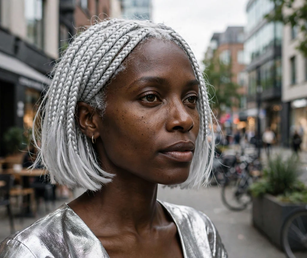Black woman with icy platinum bob braids in a fashion-forward city setting