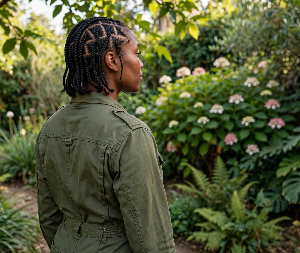Black woman with triangle-part bob braids showing geometric parting, back view in a garden