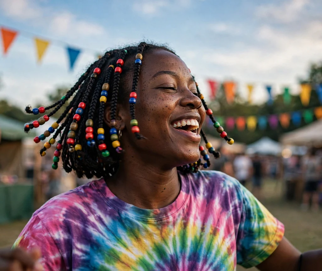 Black woman with bob braids decorated with colorful red blue and yellow beads at a festival