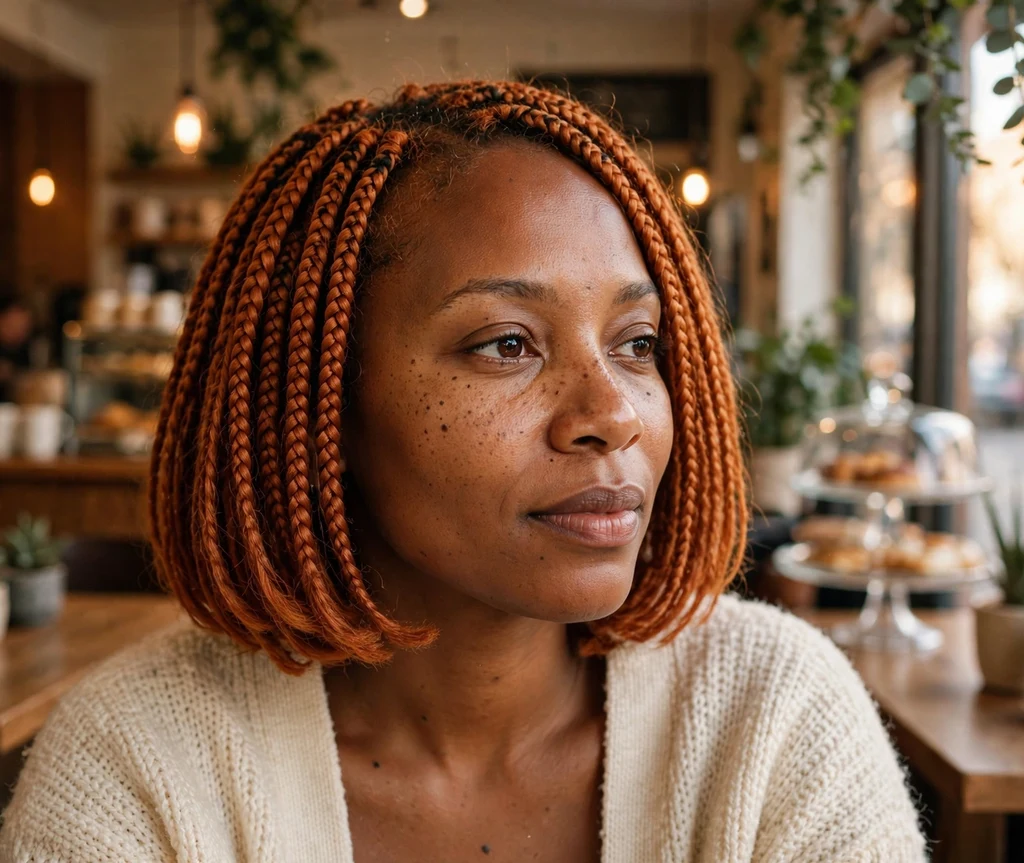 Black woman with warm ginger bob braids in a cozy coffee shop