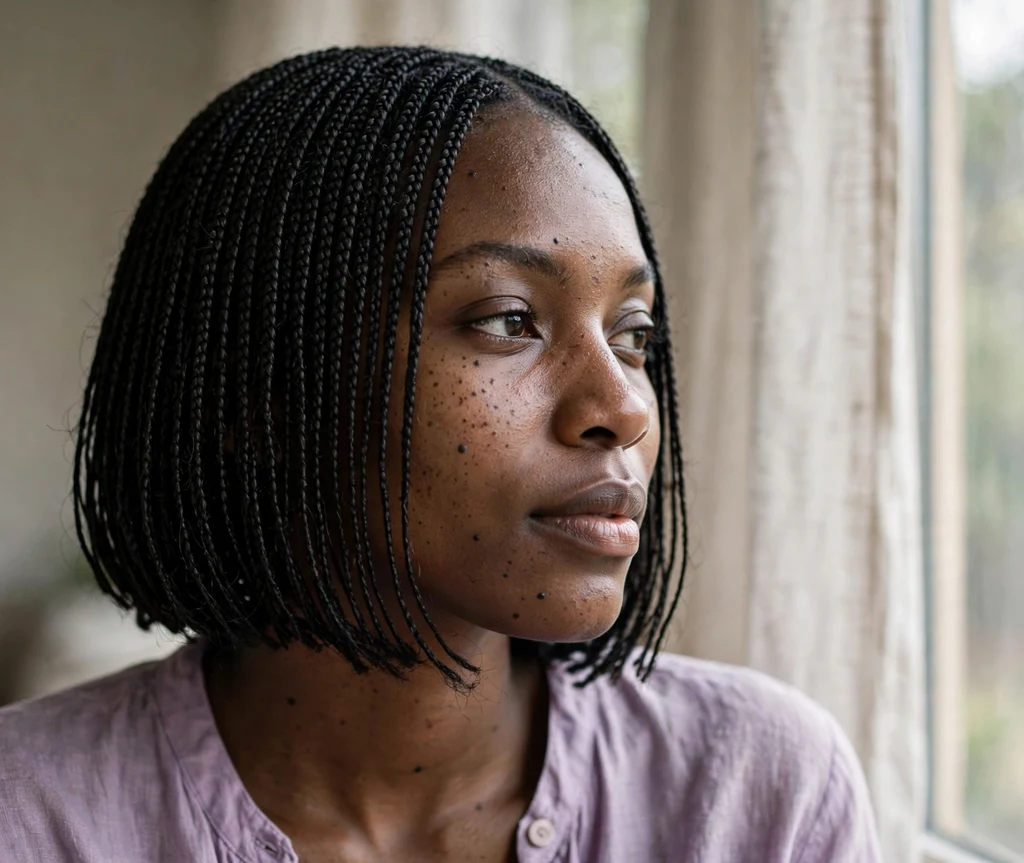 Close portrait of a Black woman with fine micro bob braids in natural window light