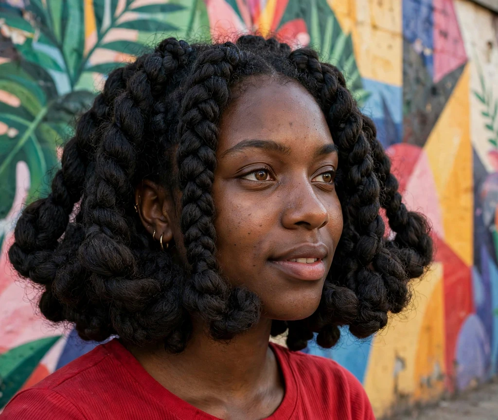 Black woman with thick jumbo bob braids posing against a colorful mural wall
