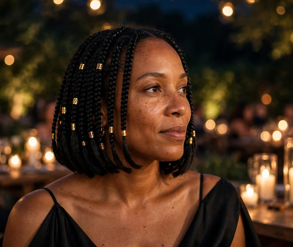 Black woman with bob braids adorned with gold cuffs at an evening event