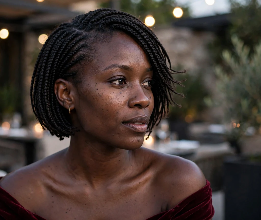 Black woman with side-swept bob braids cascading over one shoulder in an elegant dress