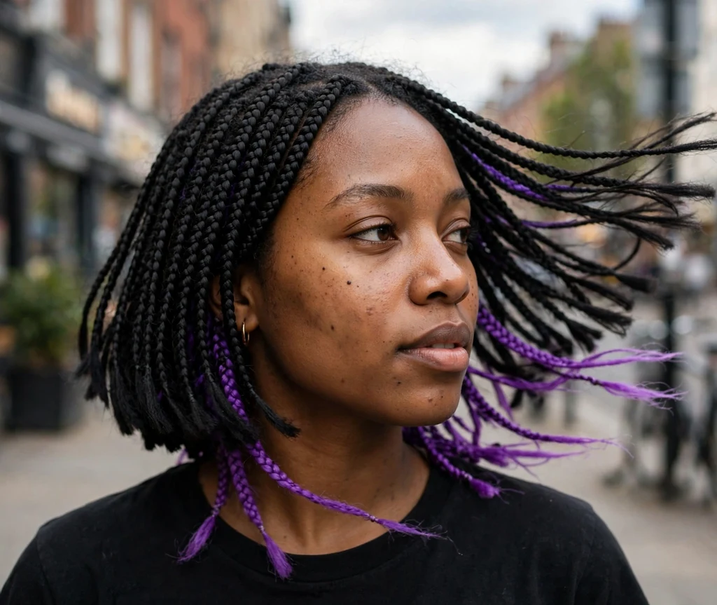 Black woman with peekaboo purple color hidden under dark bob braids, hair in motion