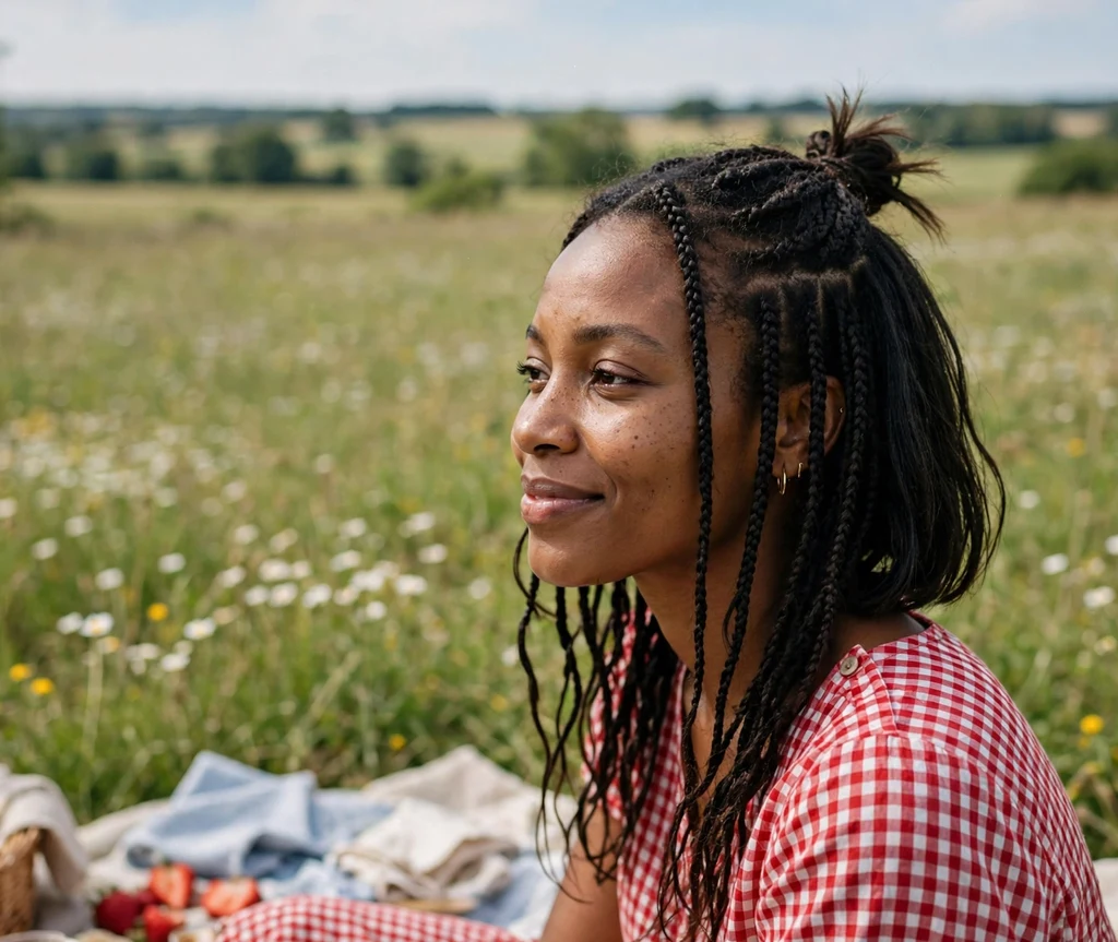Black woman with half-up bob braids styled in a top knot at a weekend picnic