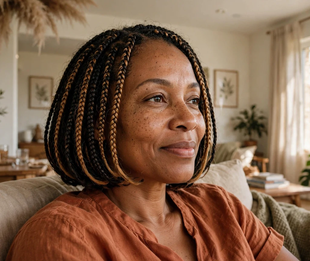 Black woman with dark bob braids featuring caramel highlights in a sunlit living room