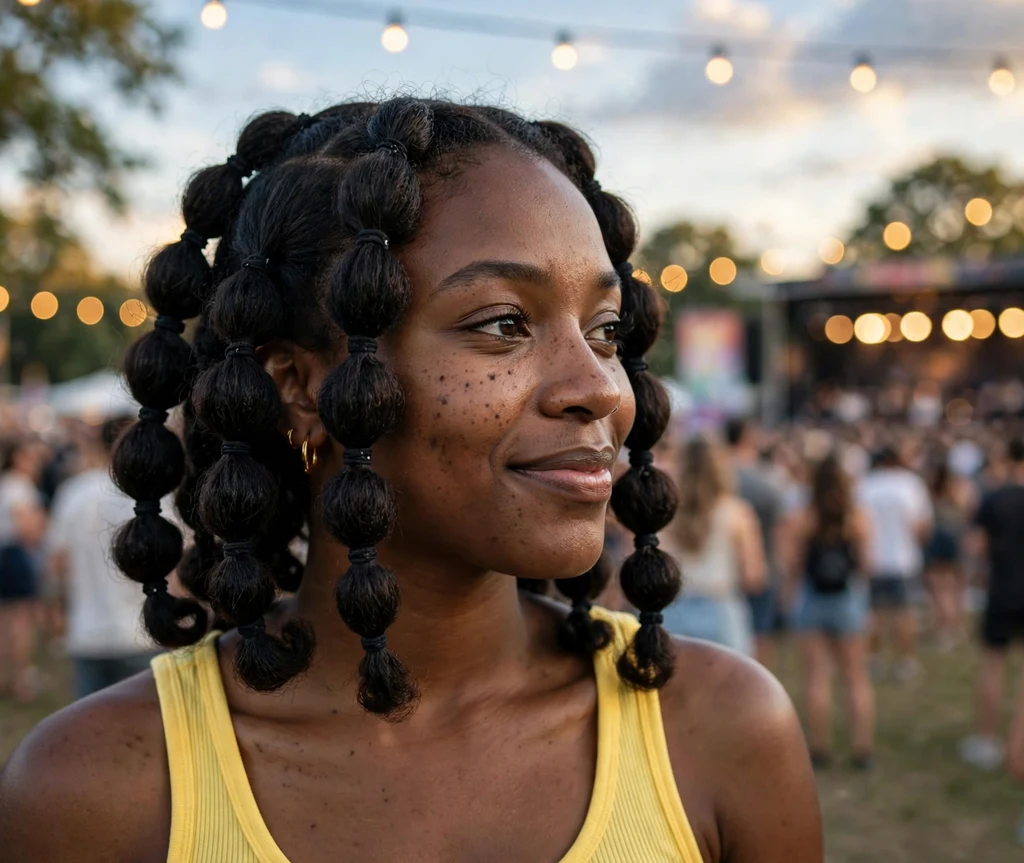 Black woman with playful bubble bob braids at an outdoor summer concert