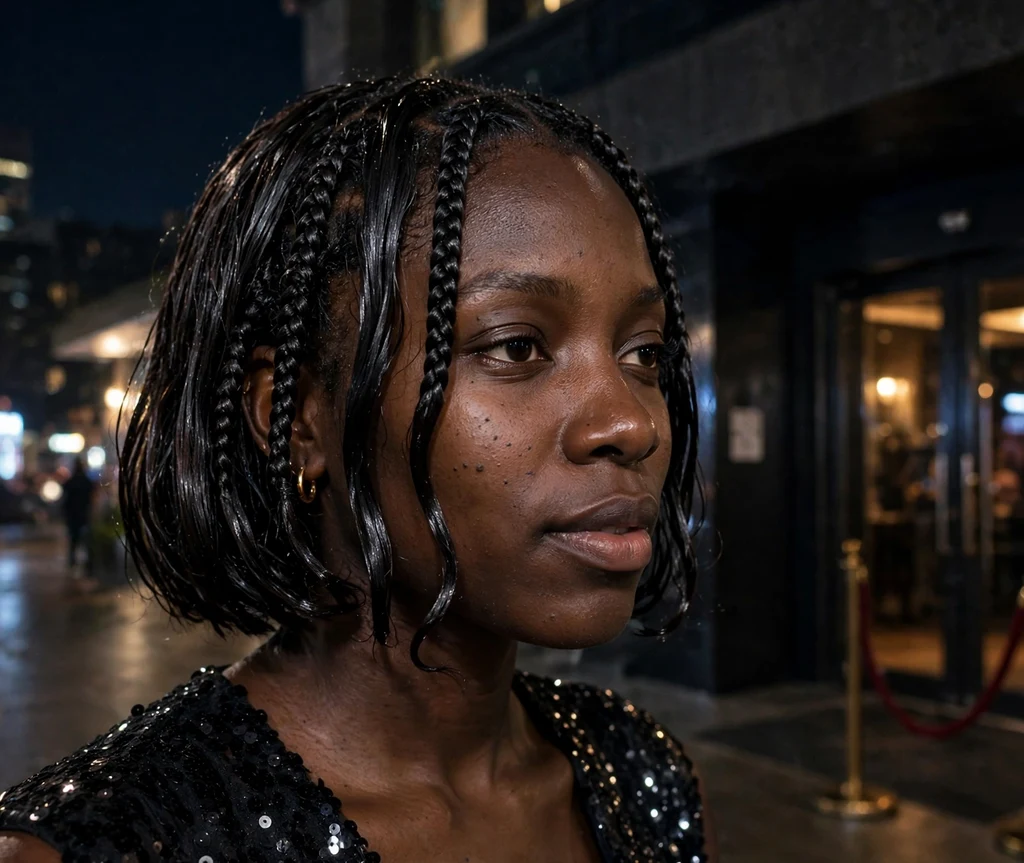 Black woman with glossy wet-look bob braids at a nightclub entrance