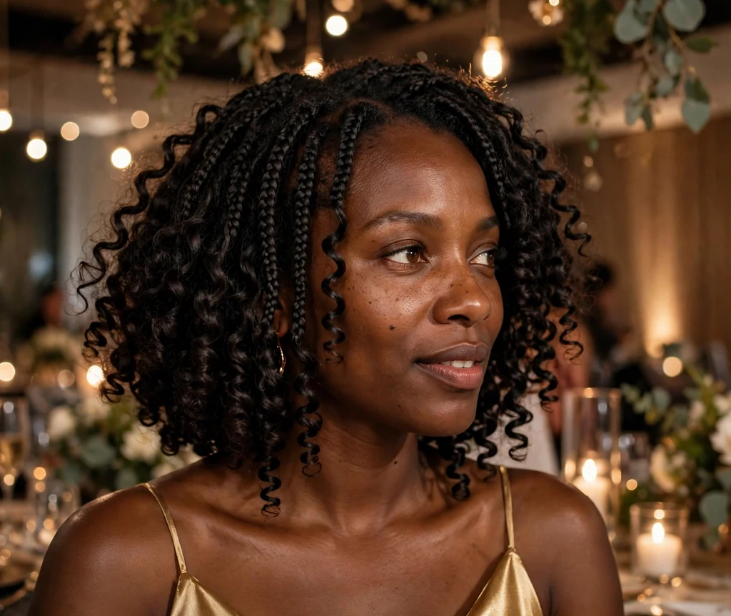 Black woman with voluminous spiral curl bob braids at a glamorous party