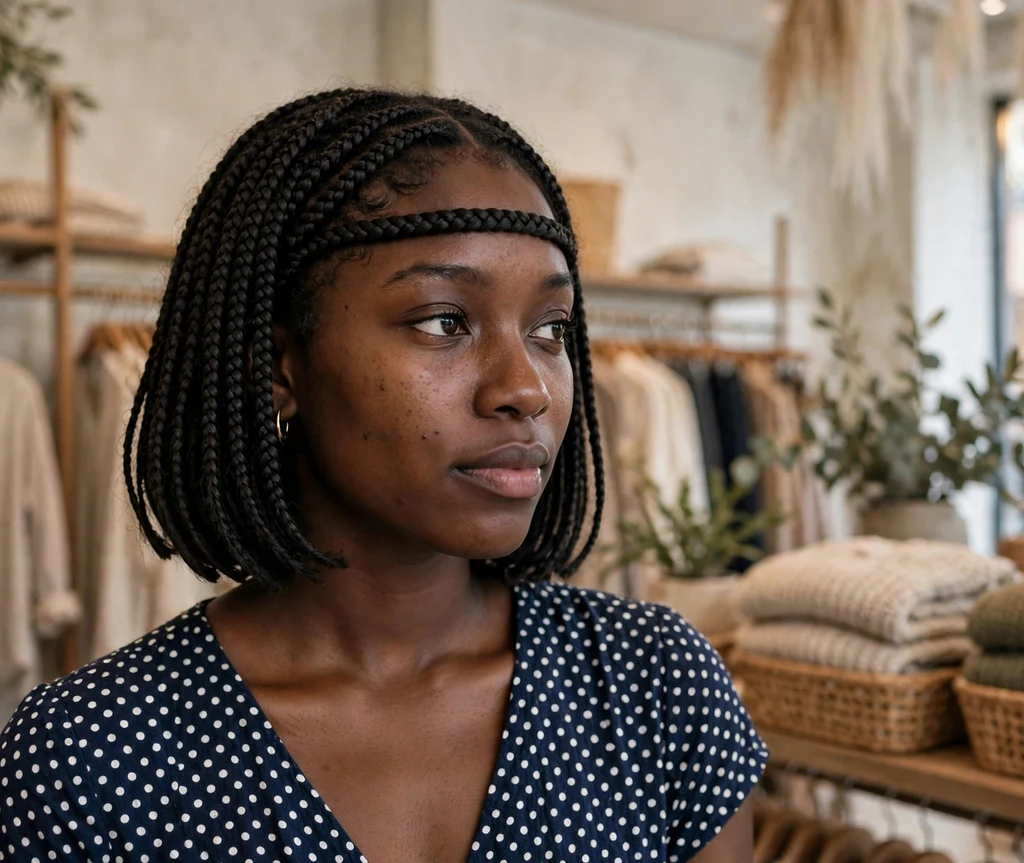 Black woman with flat braided bangs styled like a headband over a bob, in a boutique