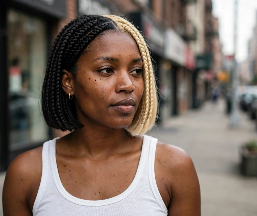 Black woman with striking two-tone black and blonde bob braids on a city sidewalk