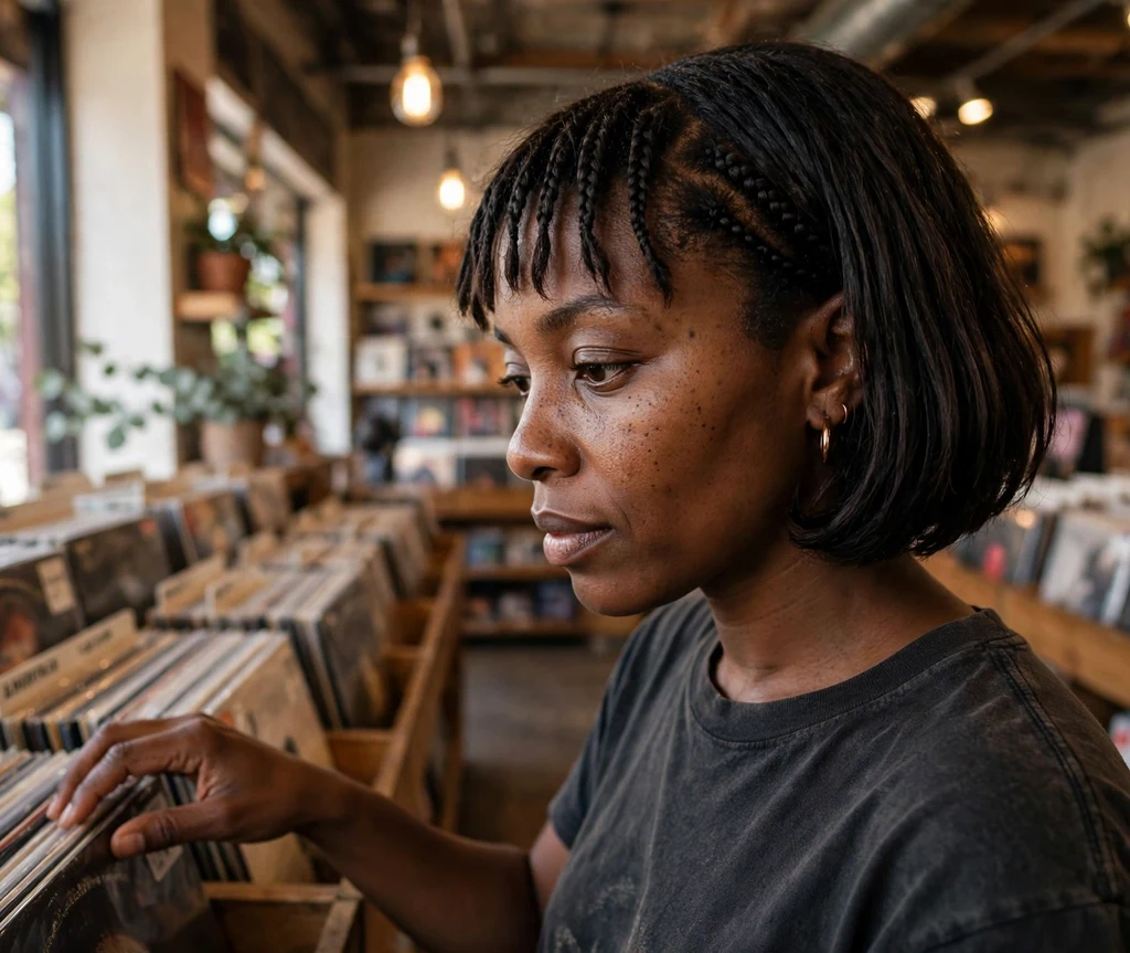 Black woman with a short piecey braided fringe and bob braids at a record store