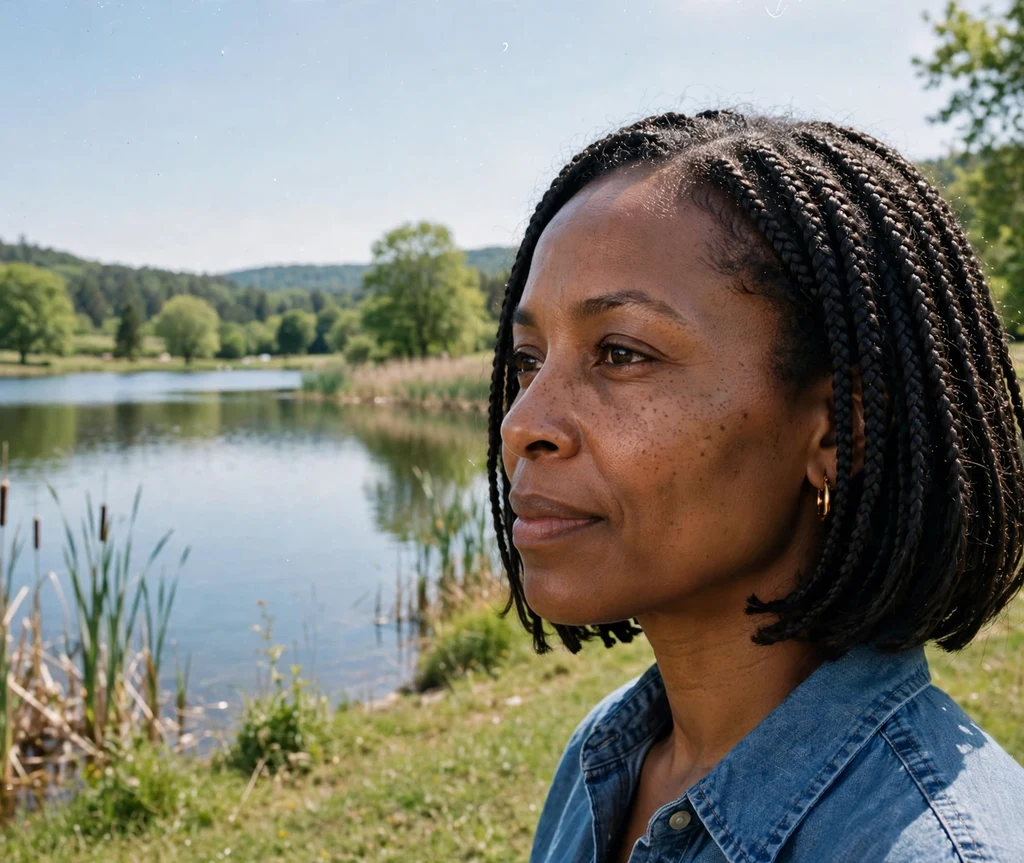 Black woman with neck-length bob braids brushing the nape, standing by a lake