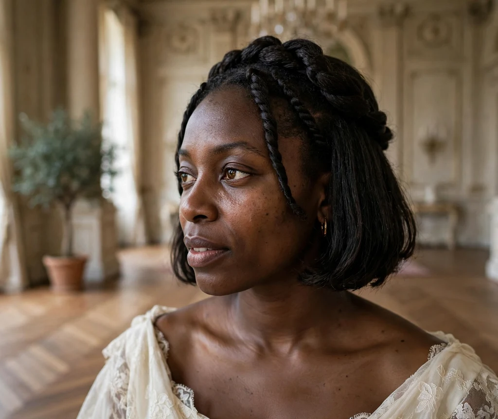 Black woman with bob braids styled in a twisted crown, wearing an elegant gown