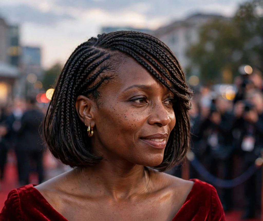 Black woman with bob braids and a dramatic deep side part on a red carpet