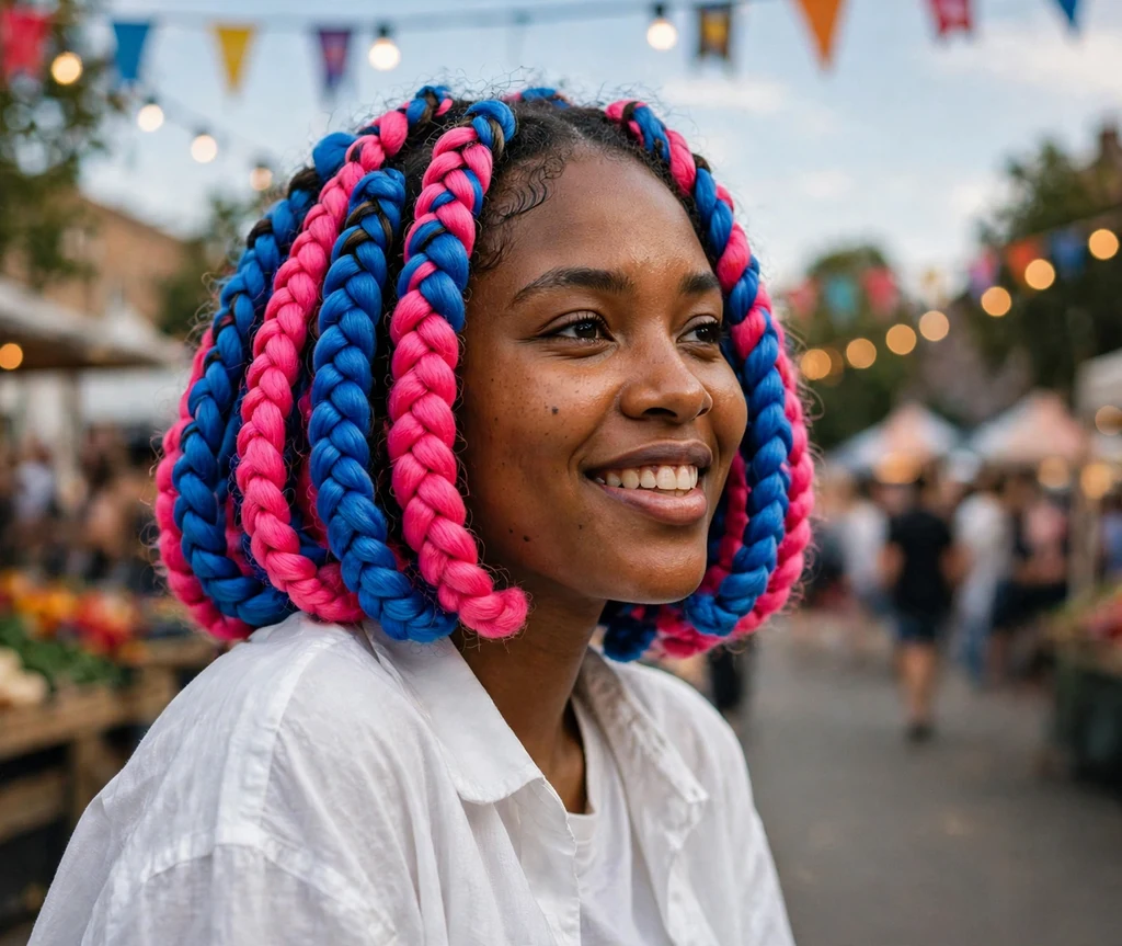 Black woman with chunky electric blue and pink color-pop bob braids at a street festival