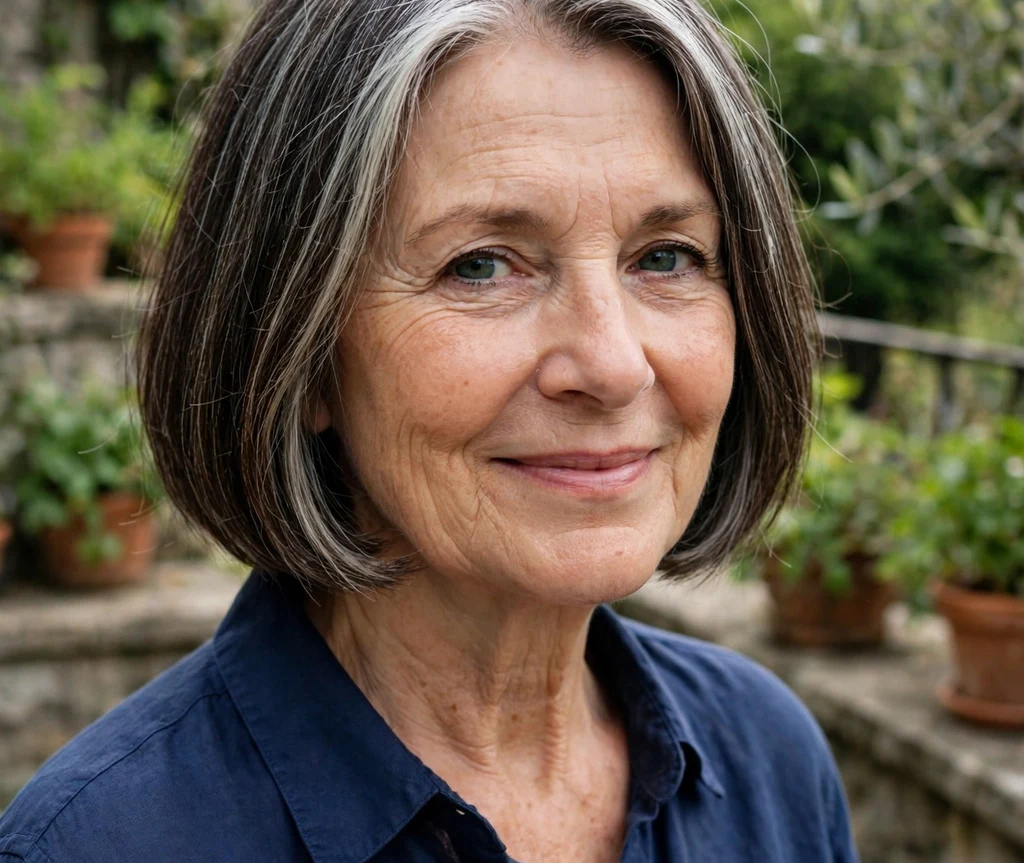 Woman over 50 with a silver-streaked dark brown chin-length bob on a garden terrace