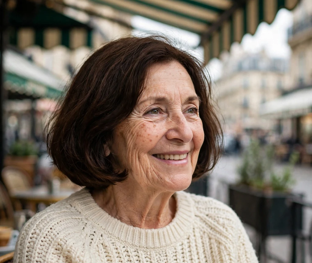 Woman in her 60s with a classic dark chestnut French bob at a Parisian-style cafe