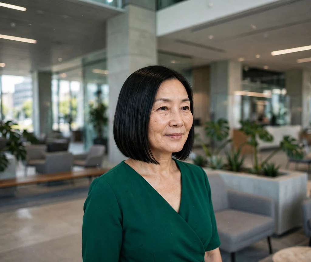 Woman in her 50s with a sleek jet black chin-length bob in a modern office lobby