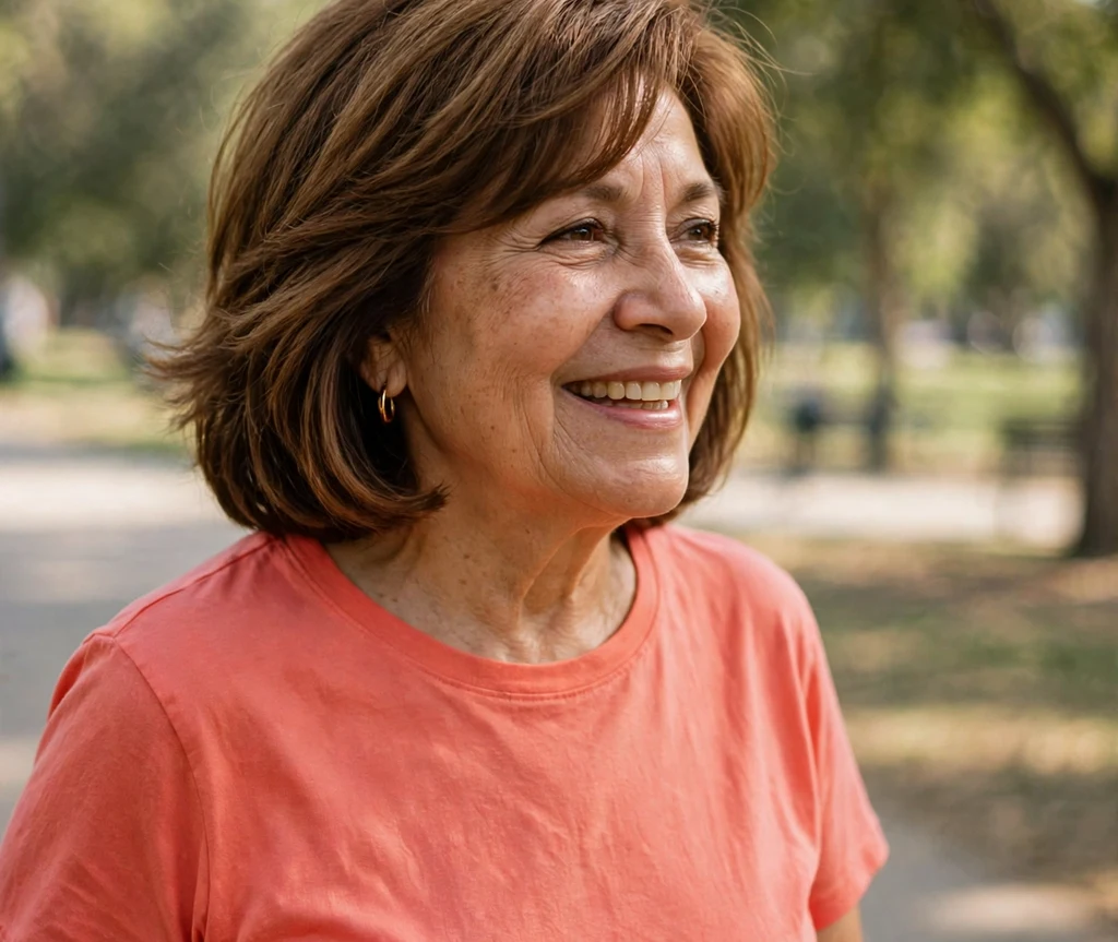 Woman in her 60s with a warm brown layered bob and side-swept bangs in a sunny park