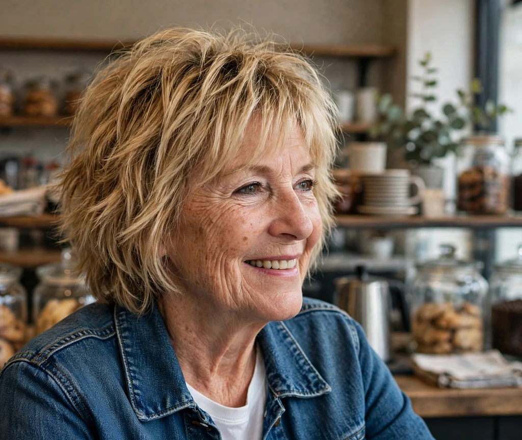 Woman in her 50s with a honey blonde textured shaggy bob in a coffee shop