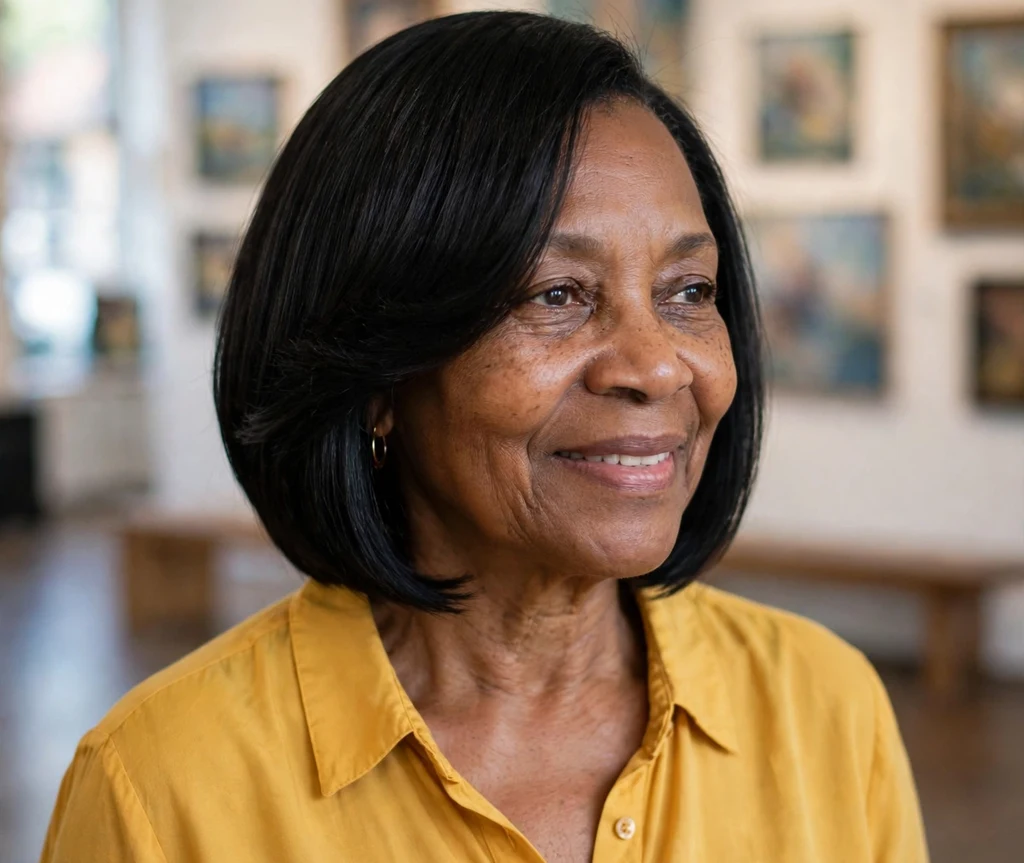 Woman in her 50s with a sleek black A-line bob in an art gallery