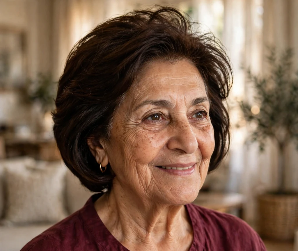 Woman in her 60s with a graduated dark brown bob with stacked volume in a home interior