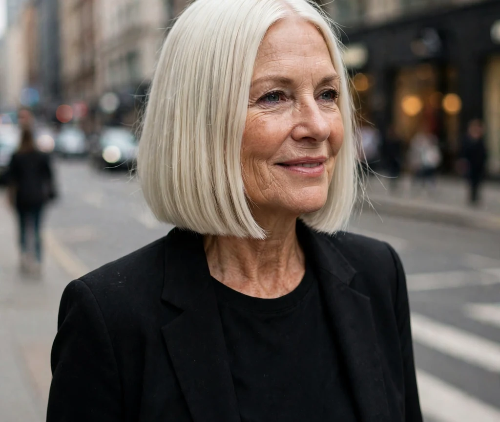 Woman in her 50s with a platinum blonde blunt cut bob on a city street