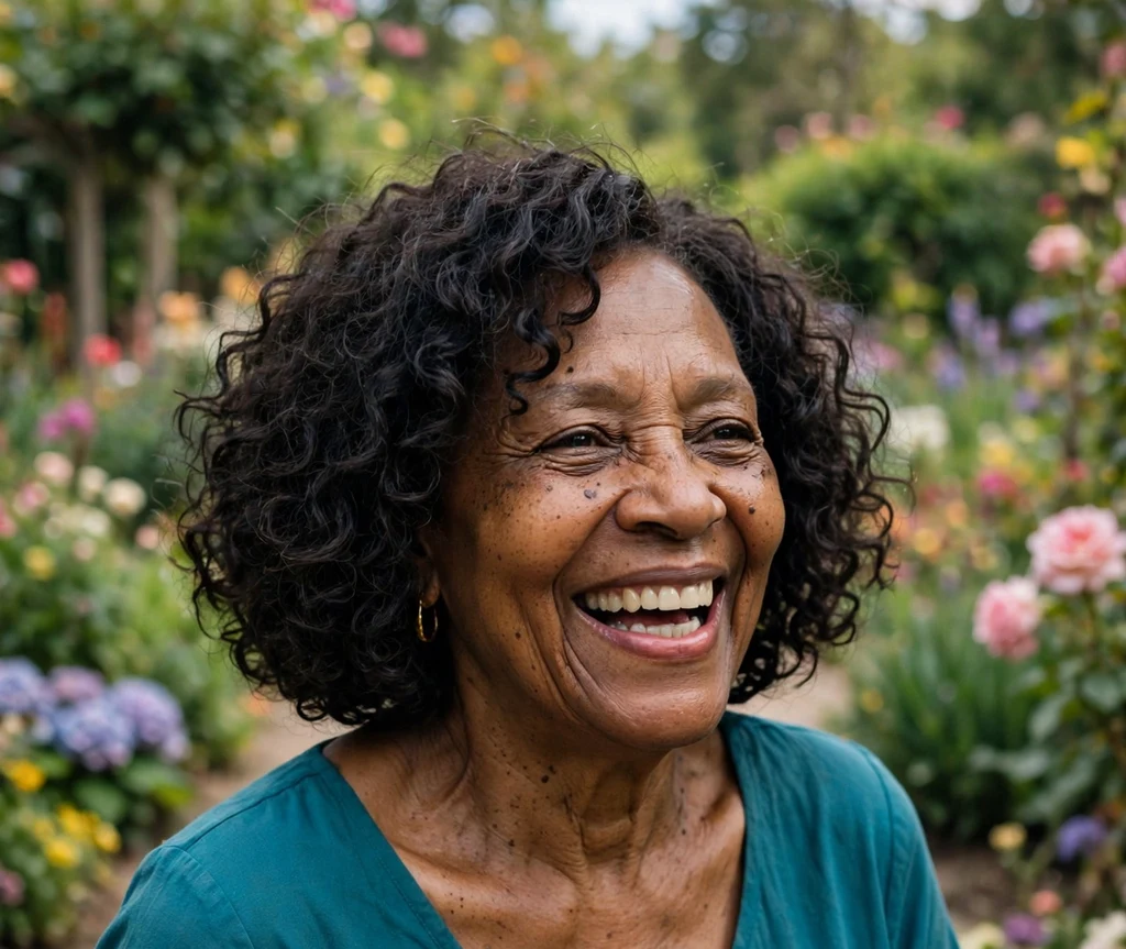 Woman in her 50s with a bouncy dark curly bob in a botanical garden