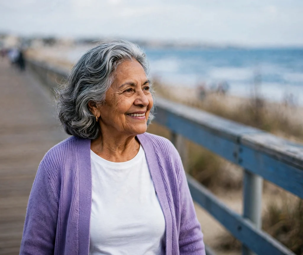 Woman in her 60s with a salt-and-pepper soft wavy bob on a beach boardwalk