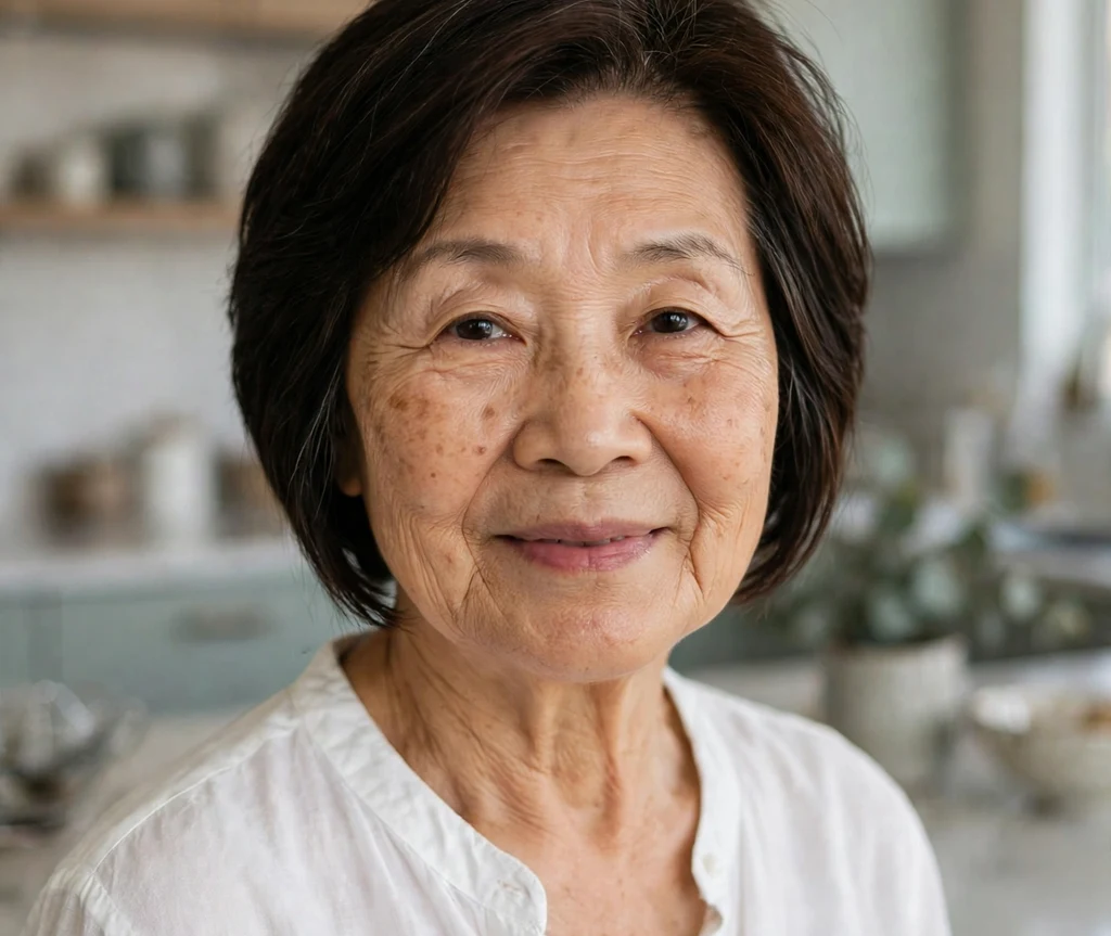 Woman in her 60s with a modern dark brown inverted bob in a kitchen