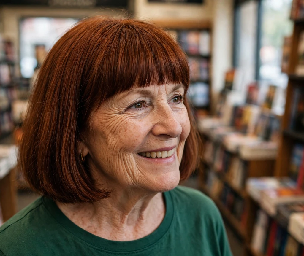 Woman in her 50s with an auburn bob and full bangs in a bookstore