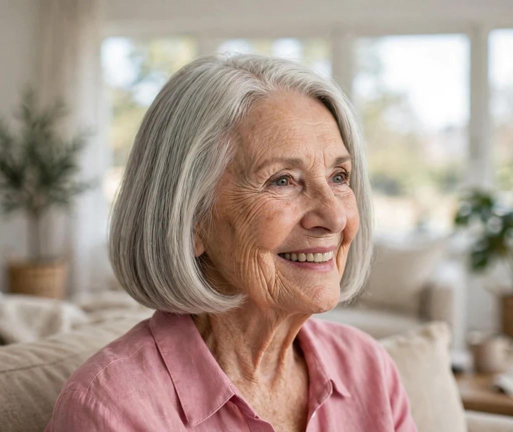Woman in her late 60s with an elegant silver gray bob in a bright living room